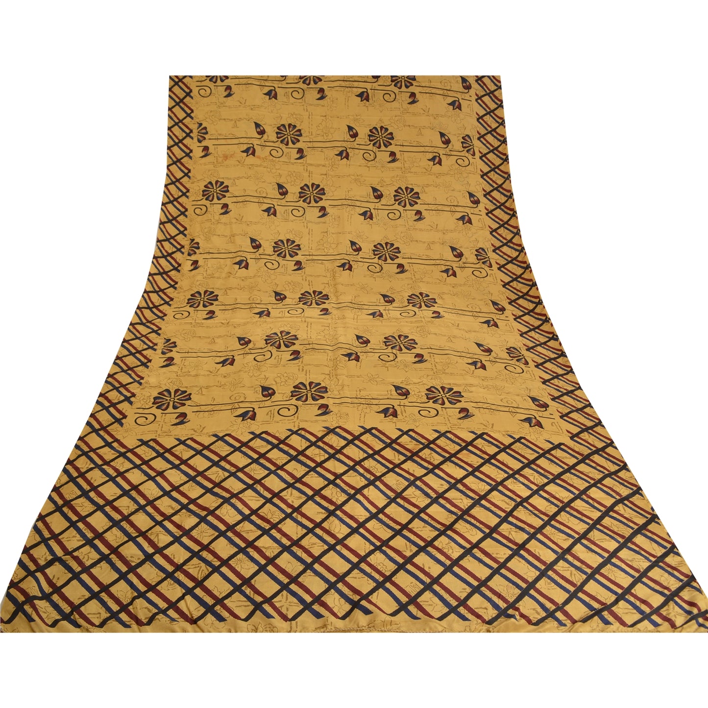 Sanskriti Vintage Sarees Heena-Green Pure Crepe Silk Printed Sari Craft Sustainable Fabric