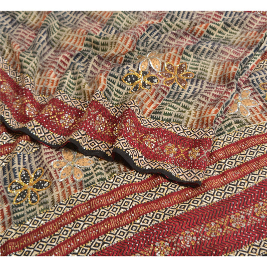 Sanskriti Vintage Sarees Hand Beaded Printed Pure Crepe Silk Sari Craft Sustainable Fabric