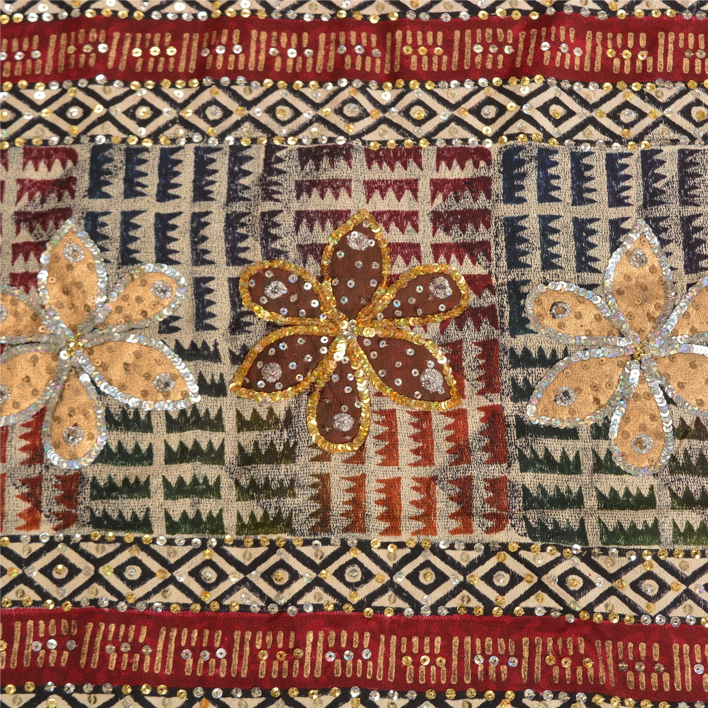 Sanskriti Vintage Sarees Hand Beaded Printed Pure Crepe Silk Sari Craft Sustainable Fabric