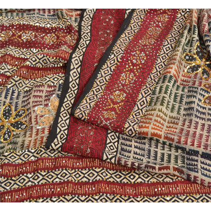 Sanskriti Vintage Sarees Hand Beaded Printed Pure Crepe Silk Sari Craft Sustainable Fabric
