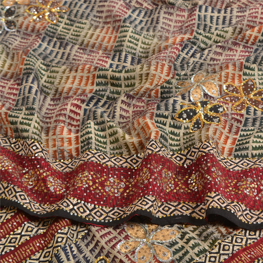 Sanskriti Vintage Sarees Hand Beaded Printed Pure Crepe Silk Sari Craft Sustainable Fabric