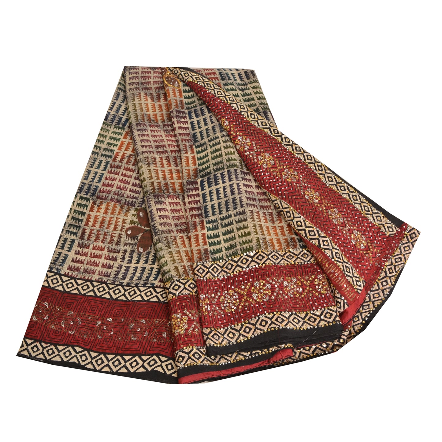 Sanskriti Vintage Sarees Hand Beaded Printed Pure Crepe Silk Sari Craft Sustainable Fabric