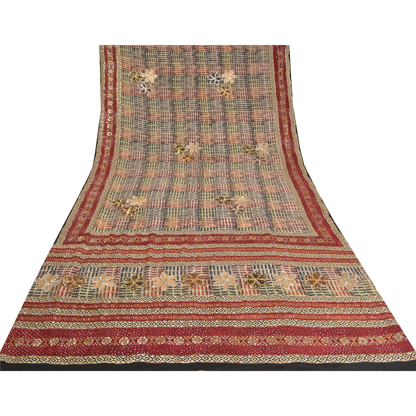 Sanskriti Vintage Sarees Hand Beaded Printed Pure Crepe Silk Sari Craft Sustainable Fabric
