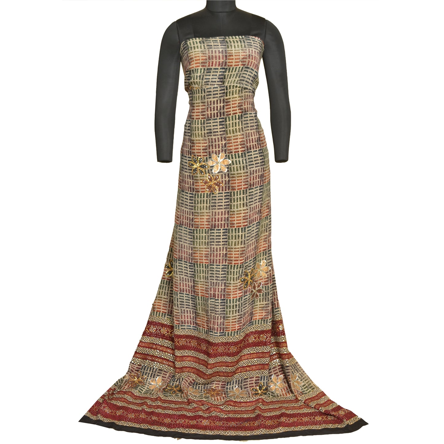 Sanskriti Vintage Sarees Hand Beaded Printed Pure Crepe Silk Sari Craft Sustainable Fabric