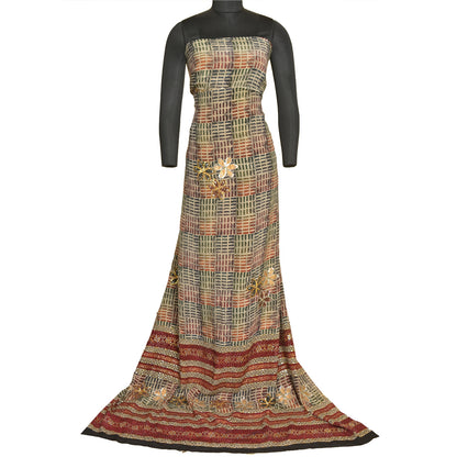 Sanskriti Vintage Sarees Hand Beaded Printed Pure Crepe Silk Sari Craft Sustainable Fabric