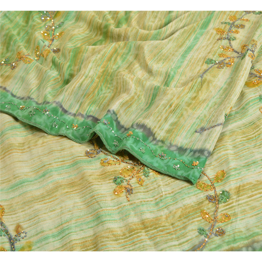 Sanskriti Vintage Sarees Green Hand Beaded Print Pure Crepe Sari Craft Sustainable Fabric