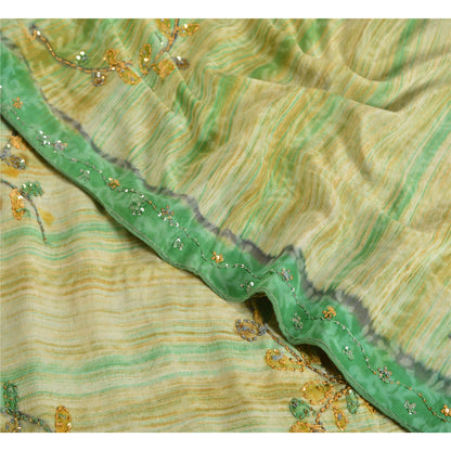 Sanskriti Vintage Sarees Green Hand Beaded Print Pure Crepe Sari Craft Sustainable Fabric