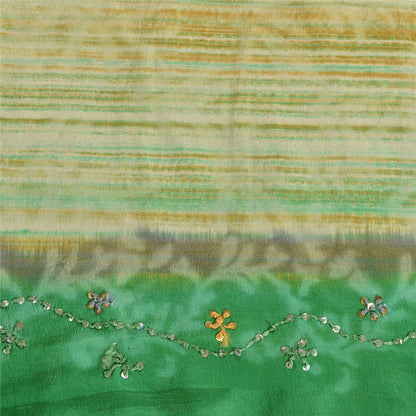 Sanskriti Vintage Sarees Green Hand Beaded Print Pure Crepe Sari Craft Sustainable Fabric