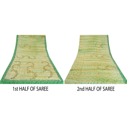 Sanskriti Vintage Sarees Green Hand Beaded Print Pure Crepe Sari Craft Sustainable Fabric
