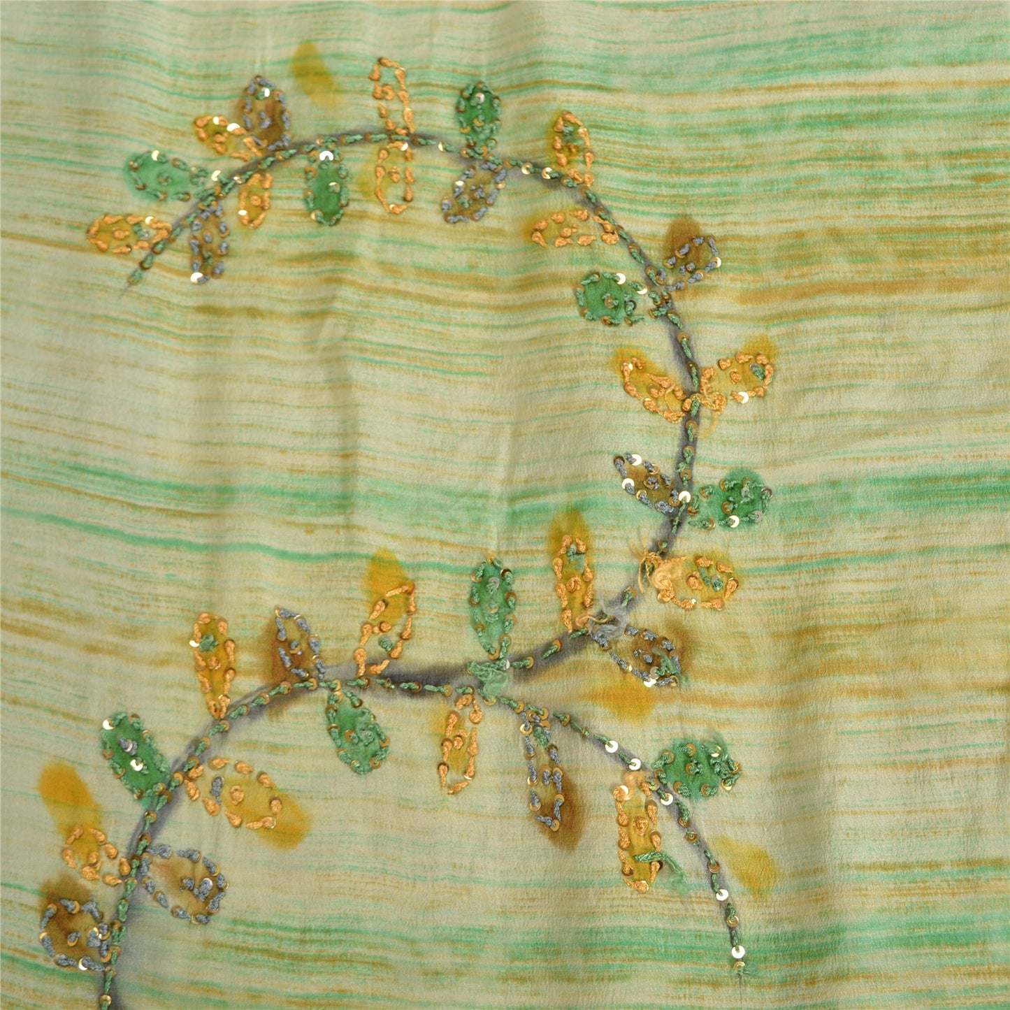 Sanskriti Vintage Sarees Green Hand Beaded Print Pure Crepe Sari Craft Sustainable Fabric
