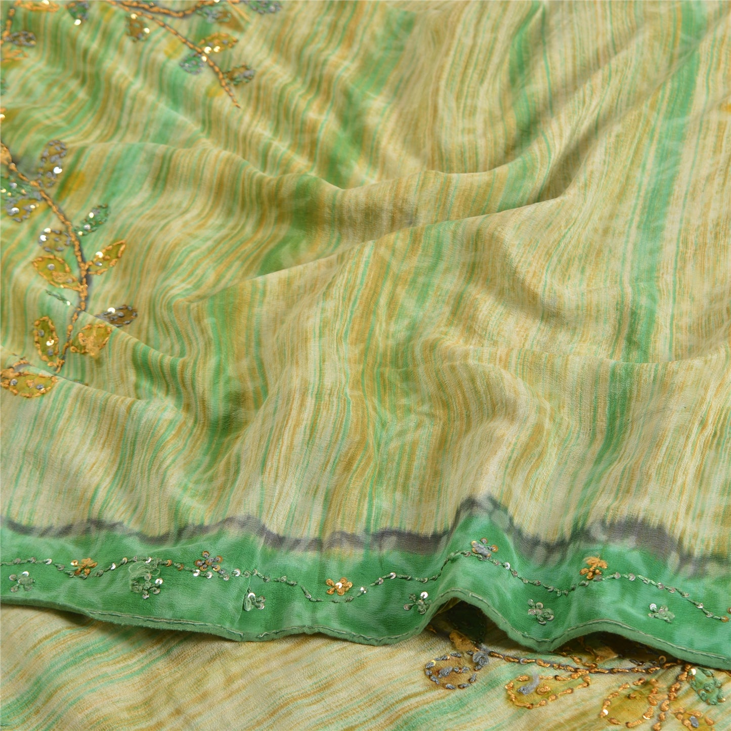 Sanskriti Vintage Sarees Green Hand Beaded Print Pure Crepe Sari Craft Sustainable Fabric