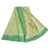 Sanskriti Vintage Sarees Green Hand Beaded Print Pure Crepe Sari Craft Sustainable Fabric