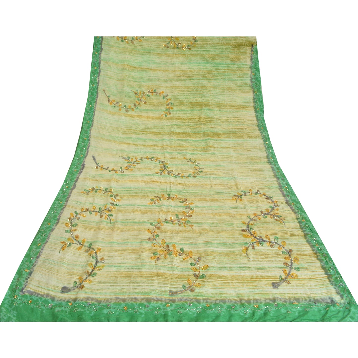 Sanskriti Vintage Sarees Green Hand Beaded Print Pure Crepe Sari Craft Sustainable Fabric