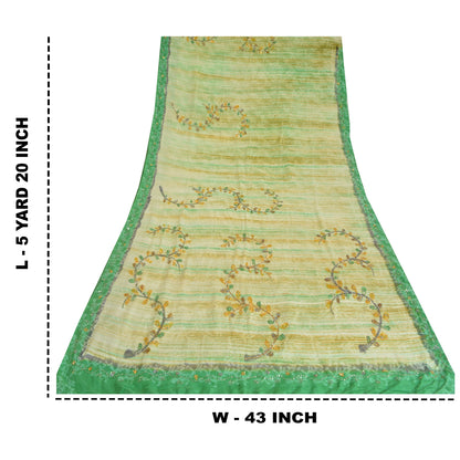 Sanskriti Vintage Sarees Green Hand Beaded Print Pure Crepe Sari Craft Sustainable Fabric
