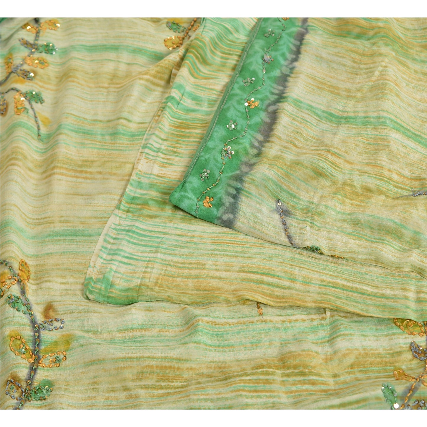 Sanskriti Vintage Sarees Green Hand Beaded Print Pure Crepe Sari Craft Sustainable Fabric