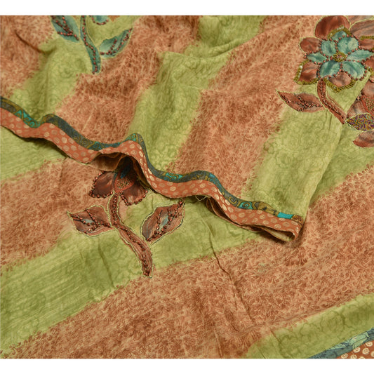 Sanskriti Vintage Sarees Green/Orange Hand Beaded Pure Crepe Printed Sari Sustainable Fabric
