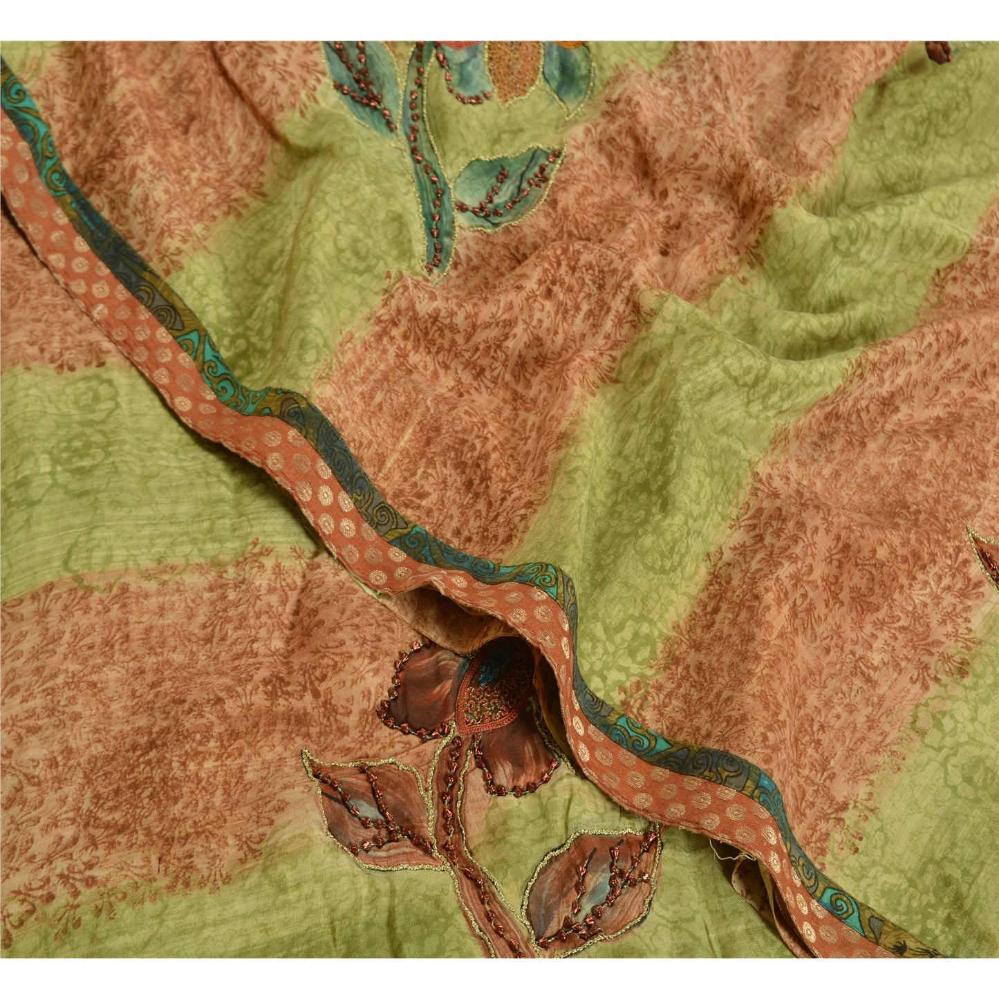 Sanskriti Vintage Sarees Grøn/Orange Håndperlet Ren Crepe Trykt Sari Bæredygtigt Stof