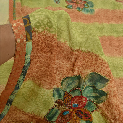 Sanskriti Vintage Sarees Grøn/Orange Håndperlet Ren Crepe Trykt Sari Bæredygtigt Stof