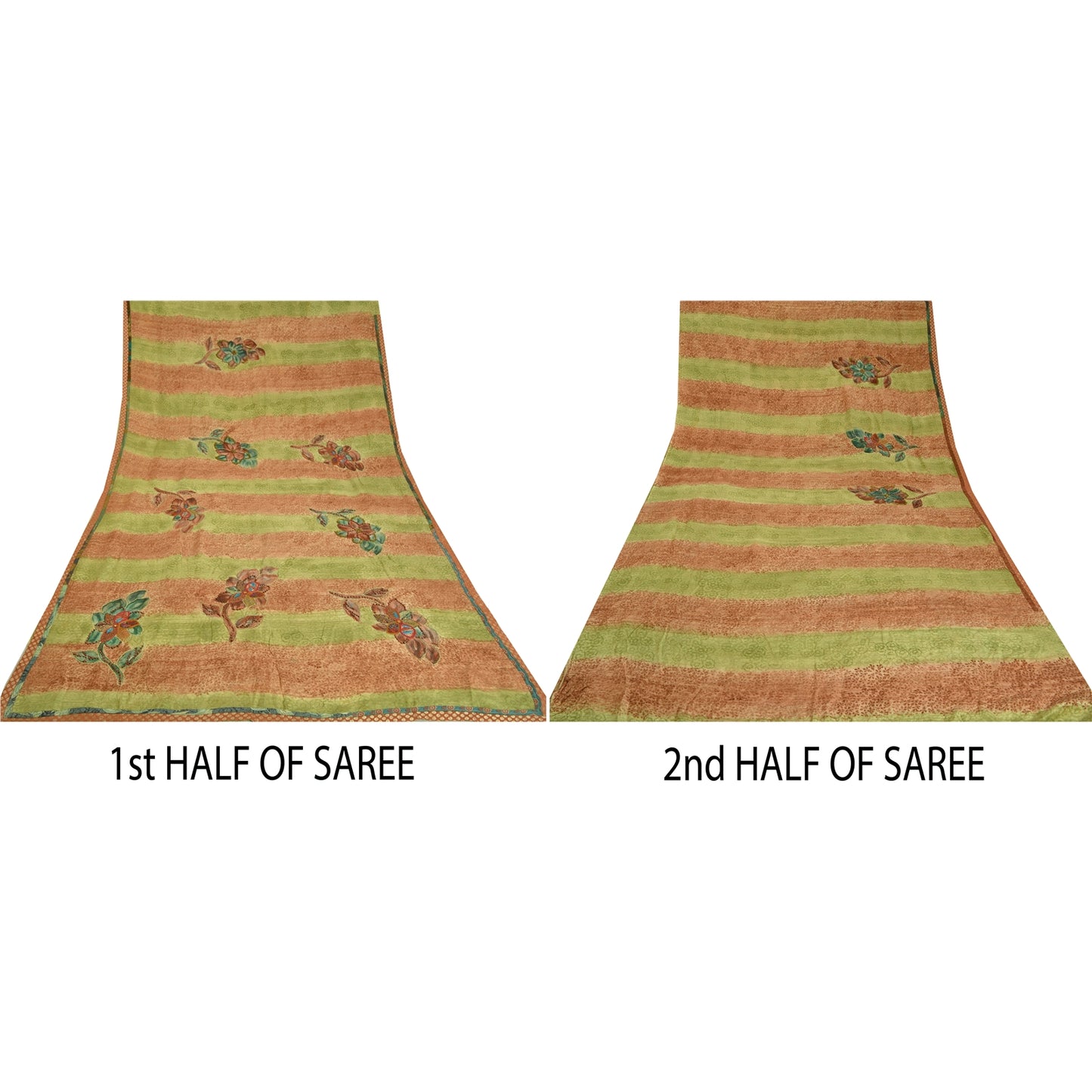 Sanskriti Vintage Sarees Grøn/Orange Håndperlet Ren Crepe Trykt Sari Bæredygtigt Stof