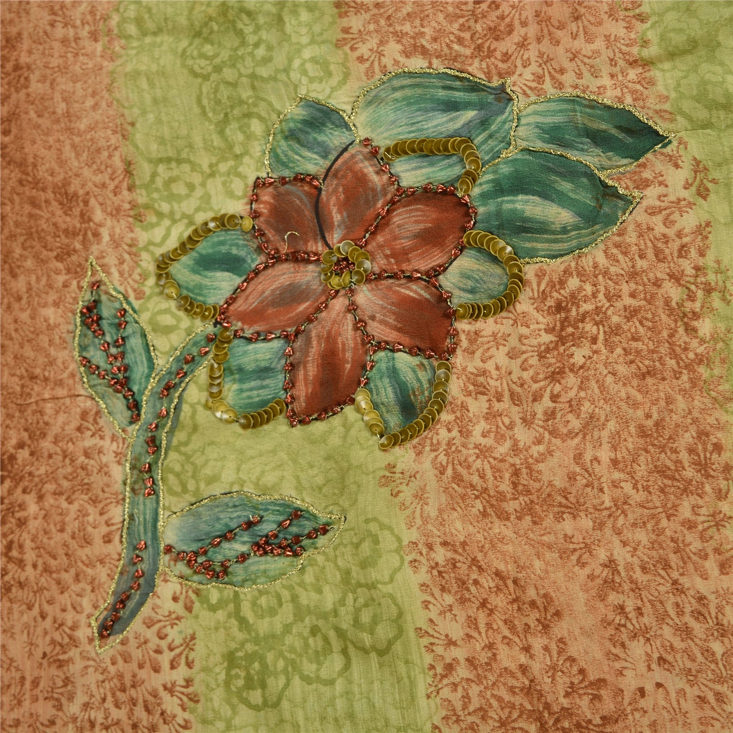 Sanskriti Vintage Sarees Grøn/Orange Håndperlet Ren Crepe Trykt Sari Bæredygtigt Stof