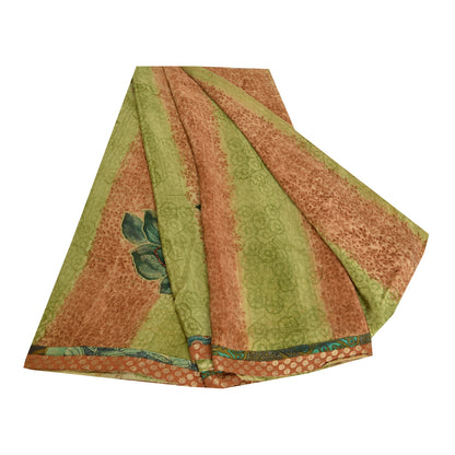Sanskriti Vintage Sarees Grøn/Orange Håndperlet Ren Crepe Trykt Sari Bæredygtigt Stof