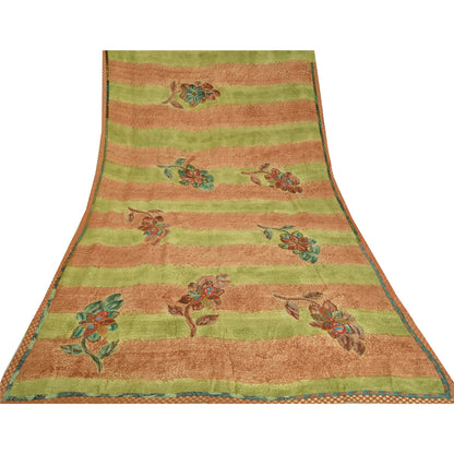 Sanskriti Vintage Sarees Grøn/Orange Håndperlet Ren Crepe Trykt Sari Bæredygtigt Stof