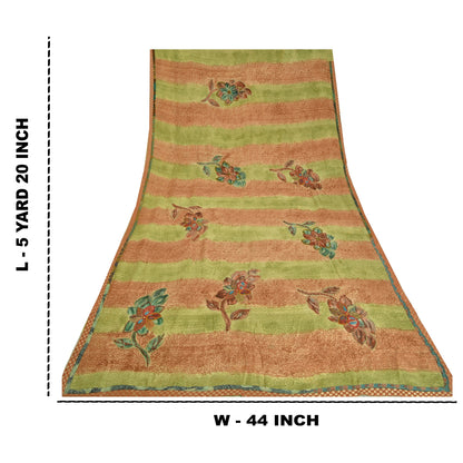 Sanskriti Vintage Sarees Grøn/Orange Håndperlet Ren Crepe Trykt Sari Bæredygtigt Stof