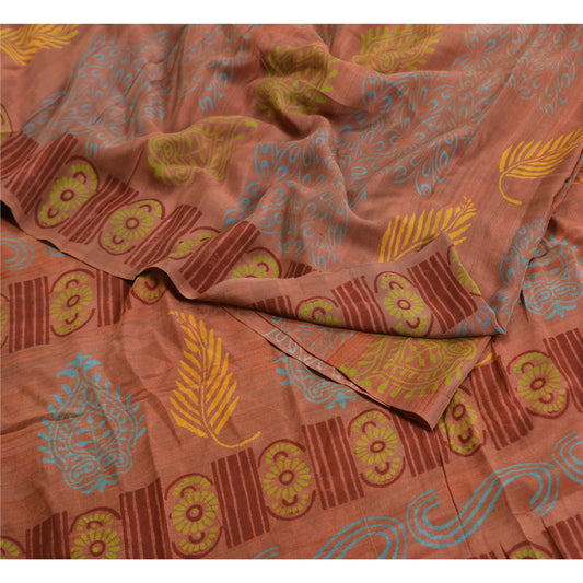 Sanskriti Vintage Sarees Rusty Brown Pure Crepe Silk Printed Sari Craft Sustainable Fabric