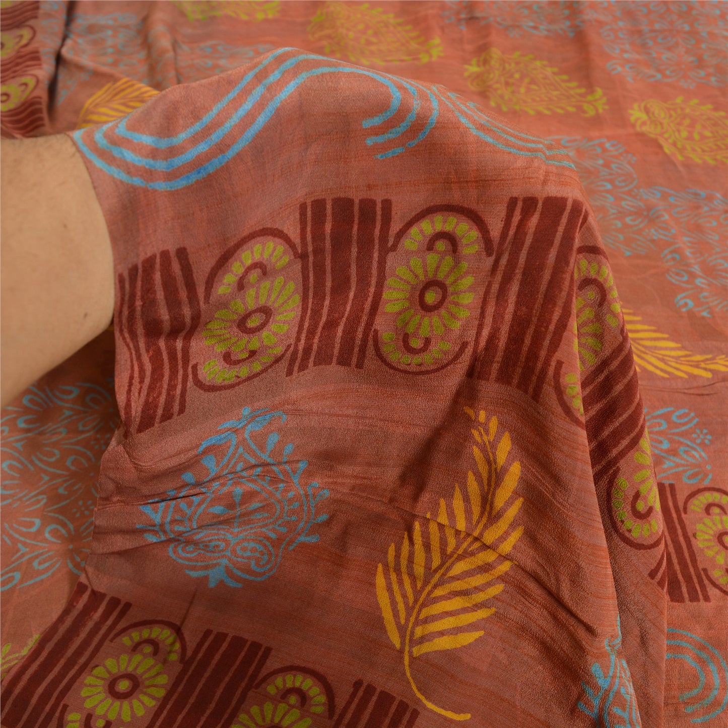 Санскритские винтажные сари из чистого крепированного шелка, ржаво-коричневого цвета, сари для рукоделия, устойчивая ткань