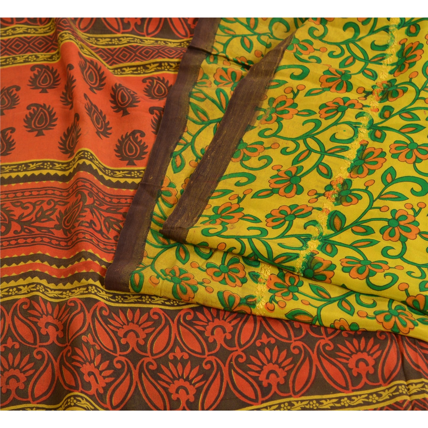 Sanskriti Vintage Sarees Green Printed Pure Crepe Silk Sari Floral Craft Sustainable Fabric