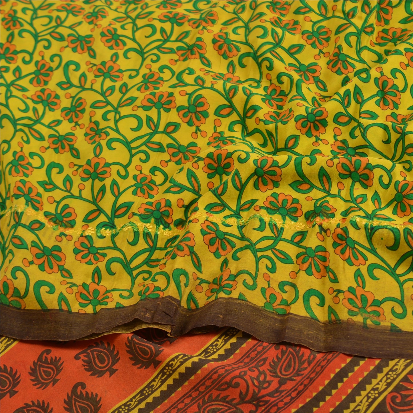 Sanskriti Vintage Sarees Green Printed Pure Crepe Silk Sari Floral Craft Sustainable Fabric