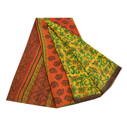 Sanskriti Vintage Sarees Green Printed Pure Crepe Silk Sari Floral Craft Sustainable Fabric