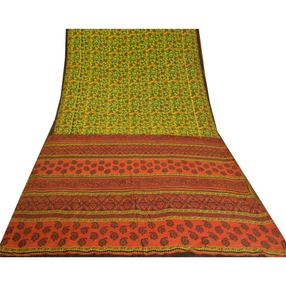 Sanskriti Vintage Sarees Green Printed Pure Crepe Silk Sari Floral Craft Sustainable Fabric