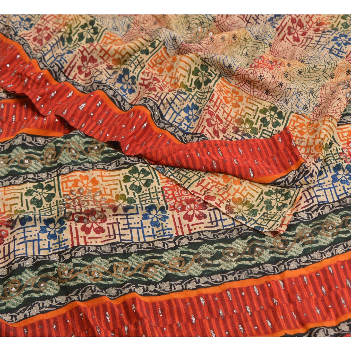 Sanskriti Vintage Sarees Multi Pure Crepe Silk Sparkle Printed Sari Craft Sustainable Fabric