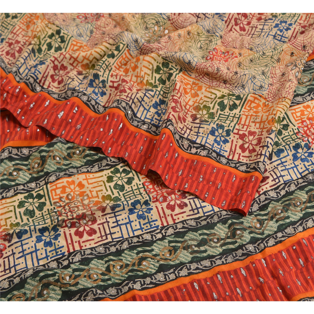 Sanskriti Vintage Sarees Multi Pure Crepe Silk Sparkle Printed Sari Craft Sustainable Fabric