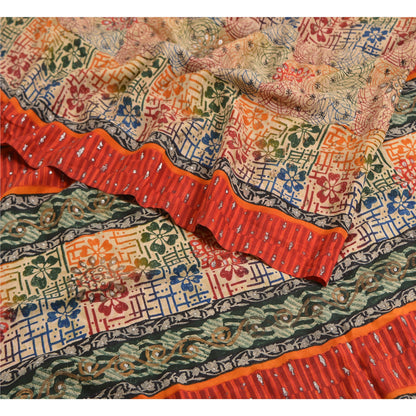 Sanskriti Vintage Sarees Multi Pure Crepe Silk Sparkle Printed Sari Craft Sustainable Fabric