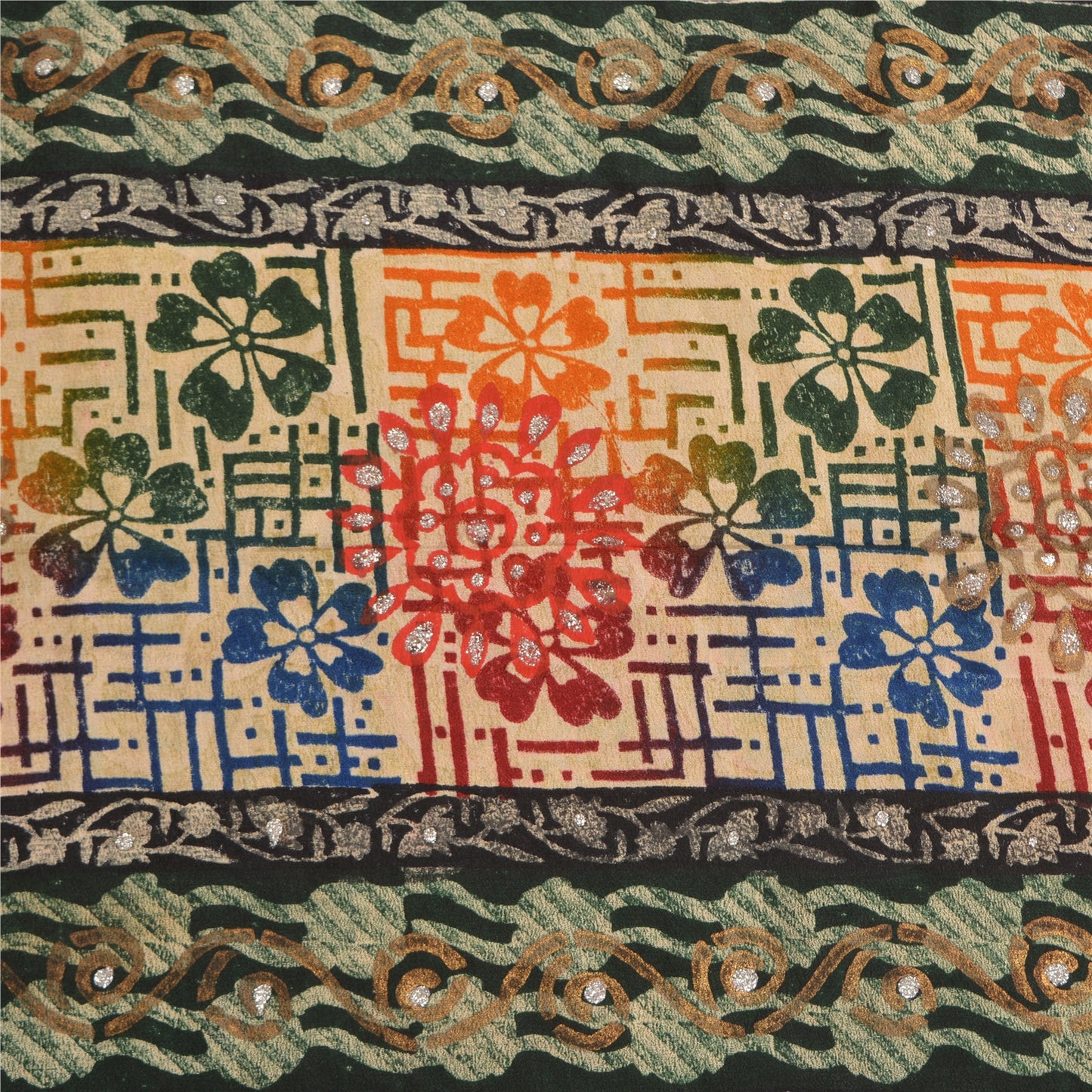 Sanskriti Vintage Sarees Multi Pure Crepe Silk Sparkle Printed Sari Craft Sustainable Fabric