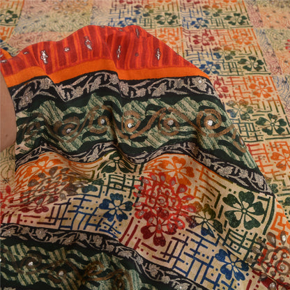 Sanskriti Vintage Sarees Multi Pure Crepe Silk Sparkle Printed Sari Craft Sustainable Fabric
