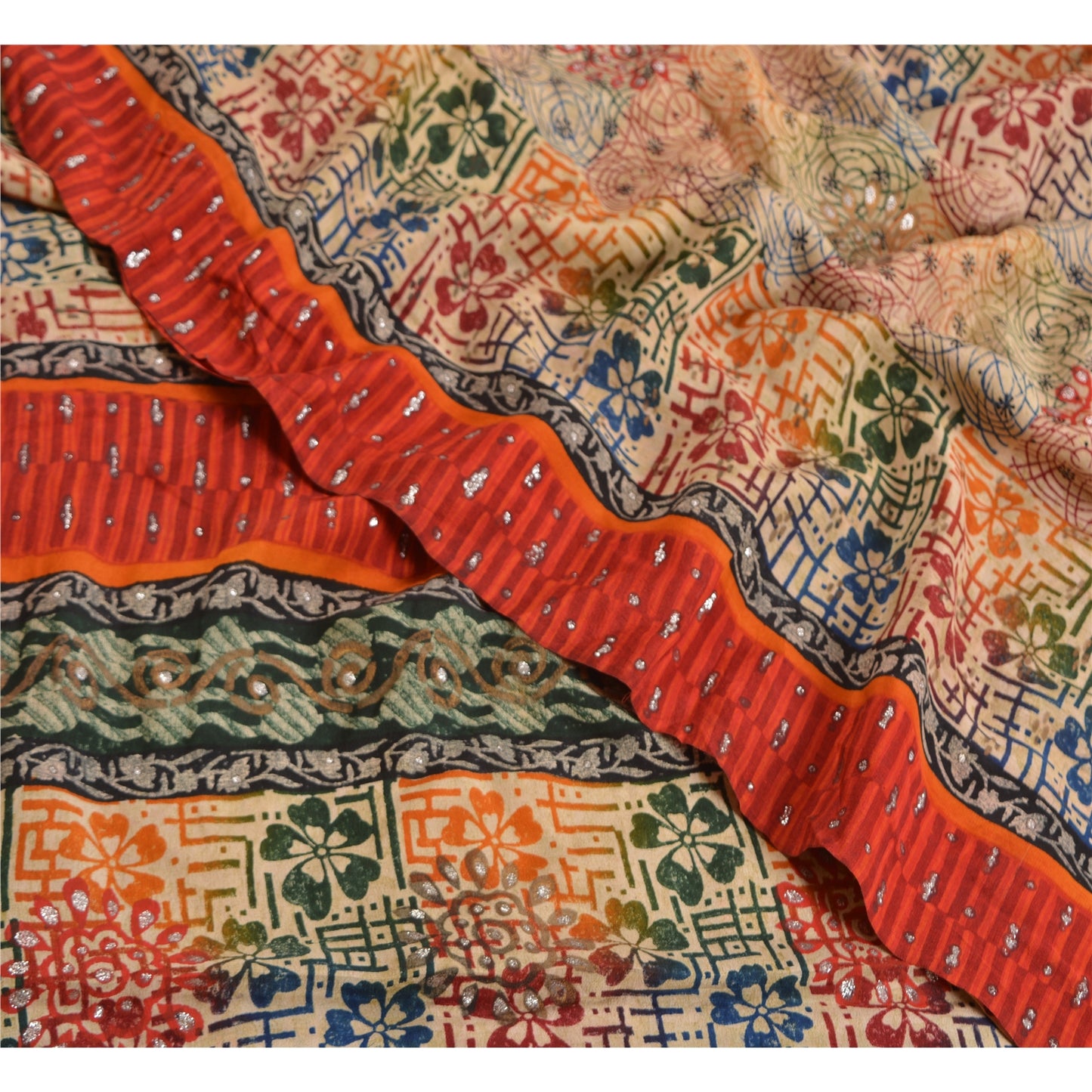 Sanskriti Vintage Sarees Multi Pure Crepe Silk Sparkle Printed Sari Craft Sustainable Fabric