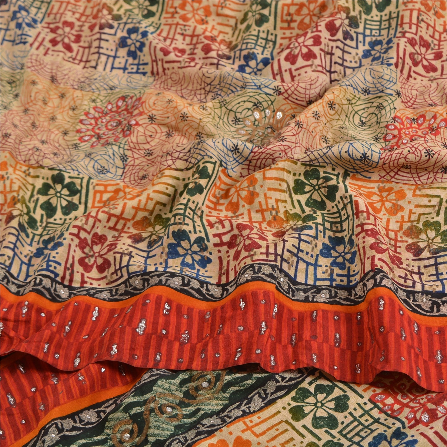 Sanskriti Vintage Sarees Multi Pure Crepe Silk Sparkle Printed Sari Craft Sustainable Fabric