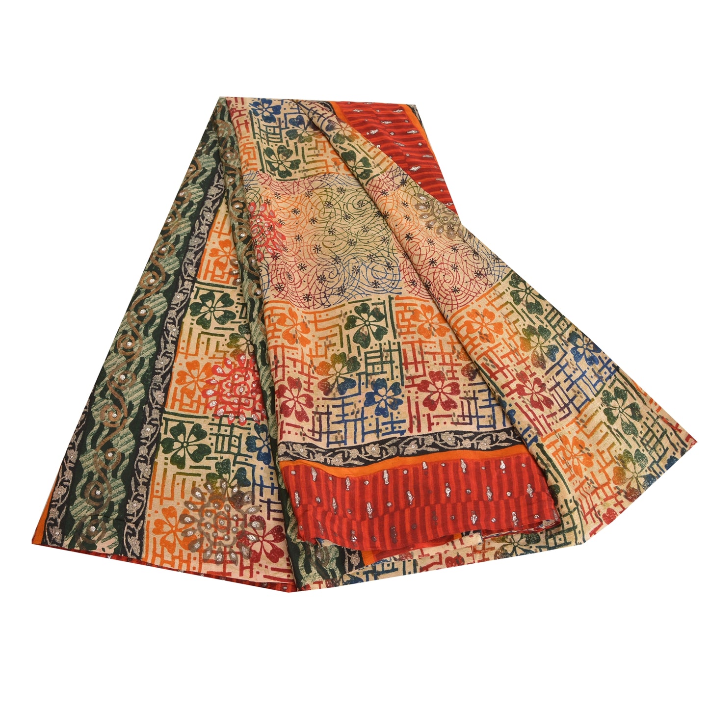 Sanskriti Vintage Sarees Multi Pure Crepe Silk Sparkle Printed Sari Craft Sustainable Fabric