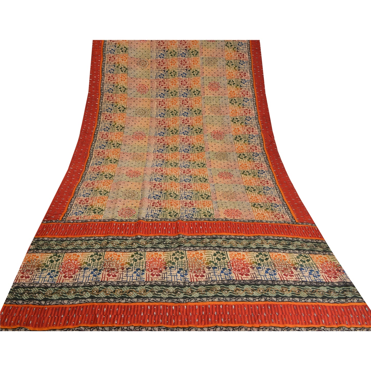 Sanskriti Vintage Sarees Multi Pure Crepe Silk Sparkle Printed Sari Craft Sustainable Fabric