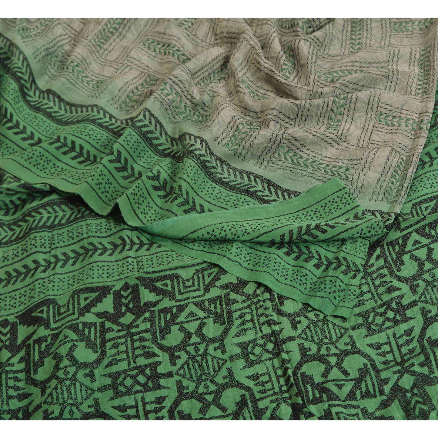 Sanskriti Vintage Sarees Gray/Green Pure Crepe Silk Printed Sari Craft Sustainable Fabric