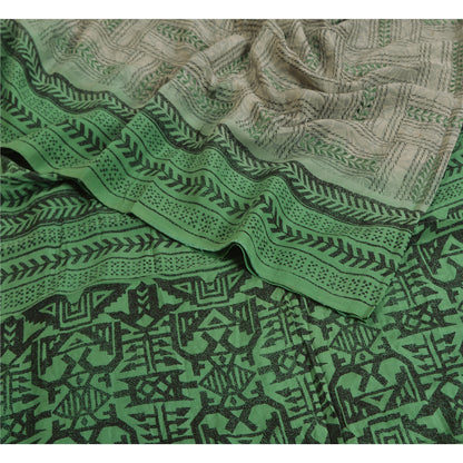 Sanskriti Vintage Sarees Gray/Green Pure Crepe Silk Printed Sari Craft Sustainable Fabric