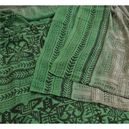 Sanskriti Vintage Sarees Gray/Green Pure Crepe Silk Printed Sari Craft Sustainable Fabric