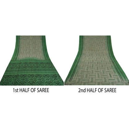 Sanskriti Vintage Sarees Gray/Green Pure Crepe Silk Printed Sari Craft Sustainable Fabric