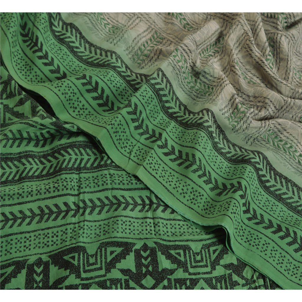 Sanskriti Vintage Sarees Gray/Green Pure Crepe Silk Printed Sari Craft Sustainable Fabric