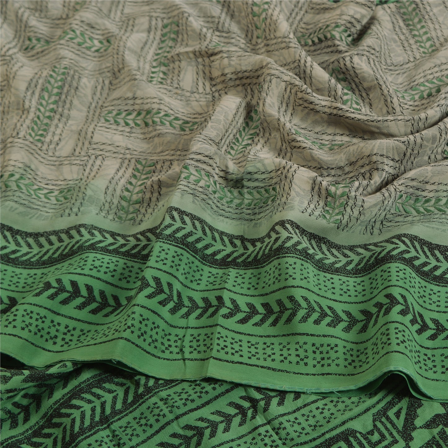 Sanskriti Vintage Sarees Gray/Green Pure Crepe Silk Printed Sari Craft Sustainable Fabric
