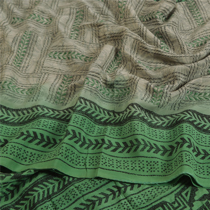 Sanskriti Vintage Sarees Gray/Green Pure Crepe Silk Printed Sari Craft Sustainable Fabric