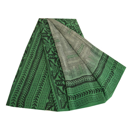 Sanskriti Vintage Sarees Gray/Green Pure Crepe Silk Printed Sari Craft Sustainable Fabric